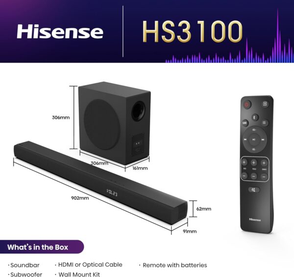 Hisense HS3100 3.1ch 480W Wireless Soundbar - Image 3